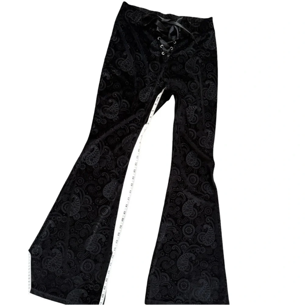 Goth Velvet Boho Gypsy Black Paisley Flare Pants - Picture 7 of 11